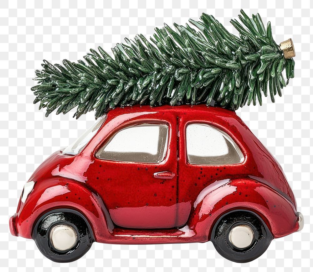 PNG Red car carrying a laying down Christmas tree christmas ceramic transportation.