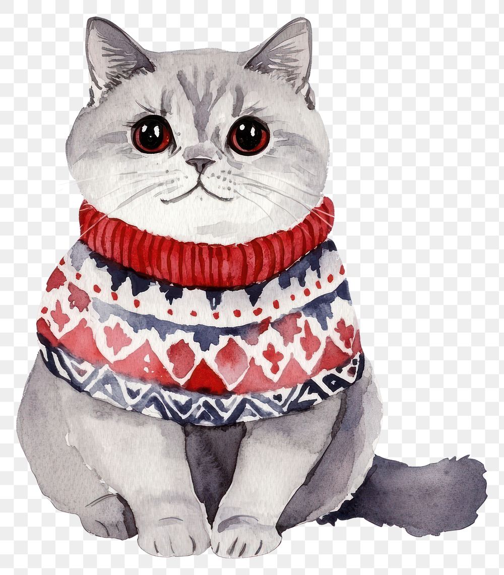 PNG British Shorthair cat wearing Christmas sweater art illustration watercolor.