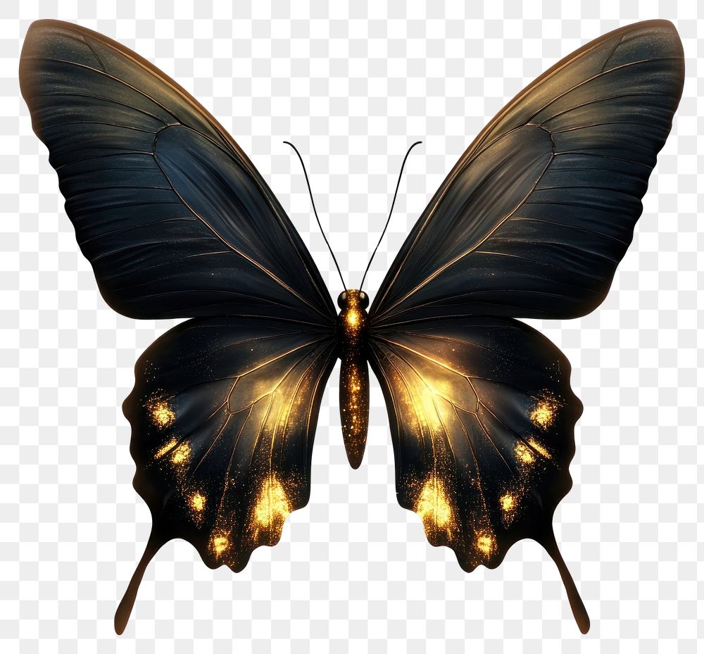 PNG Black butterfly with glowing gold invertebrate illustration appliance.