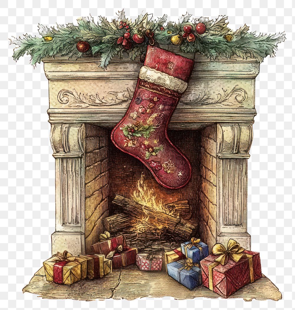 PNG A stocking fireplace christmas illustration.