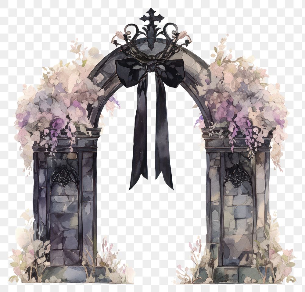 PNG Black coquette gothic arch illustration watercolor flowers.