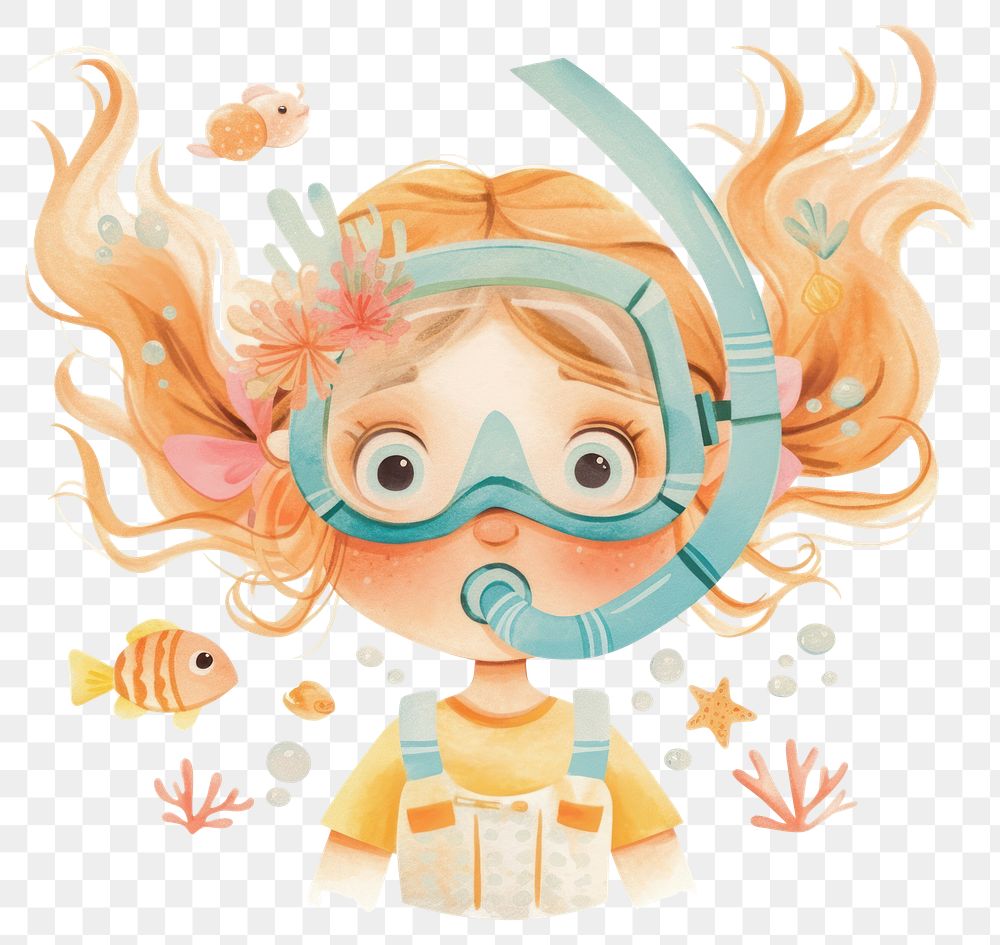 PNG A cute girl wearing snorkeling water illustration underwater.