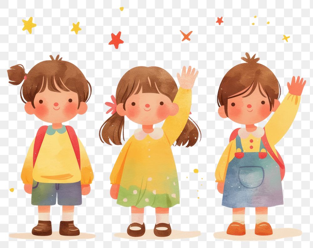 PNG A cute three kids waving hand illustration children friendship.