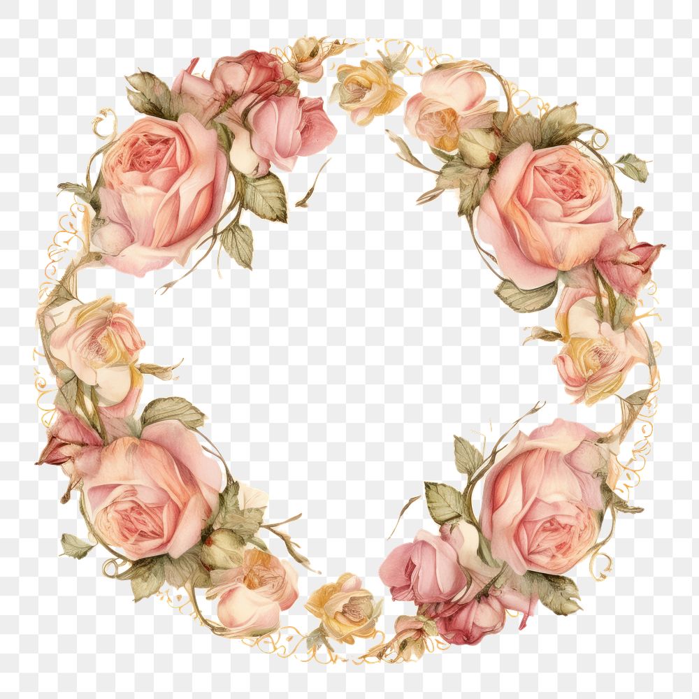 PNG Vintage rose circle frame pattern flower plant.