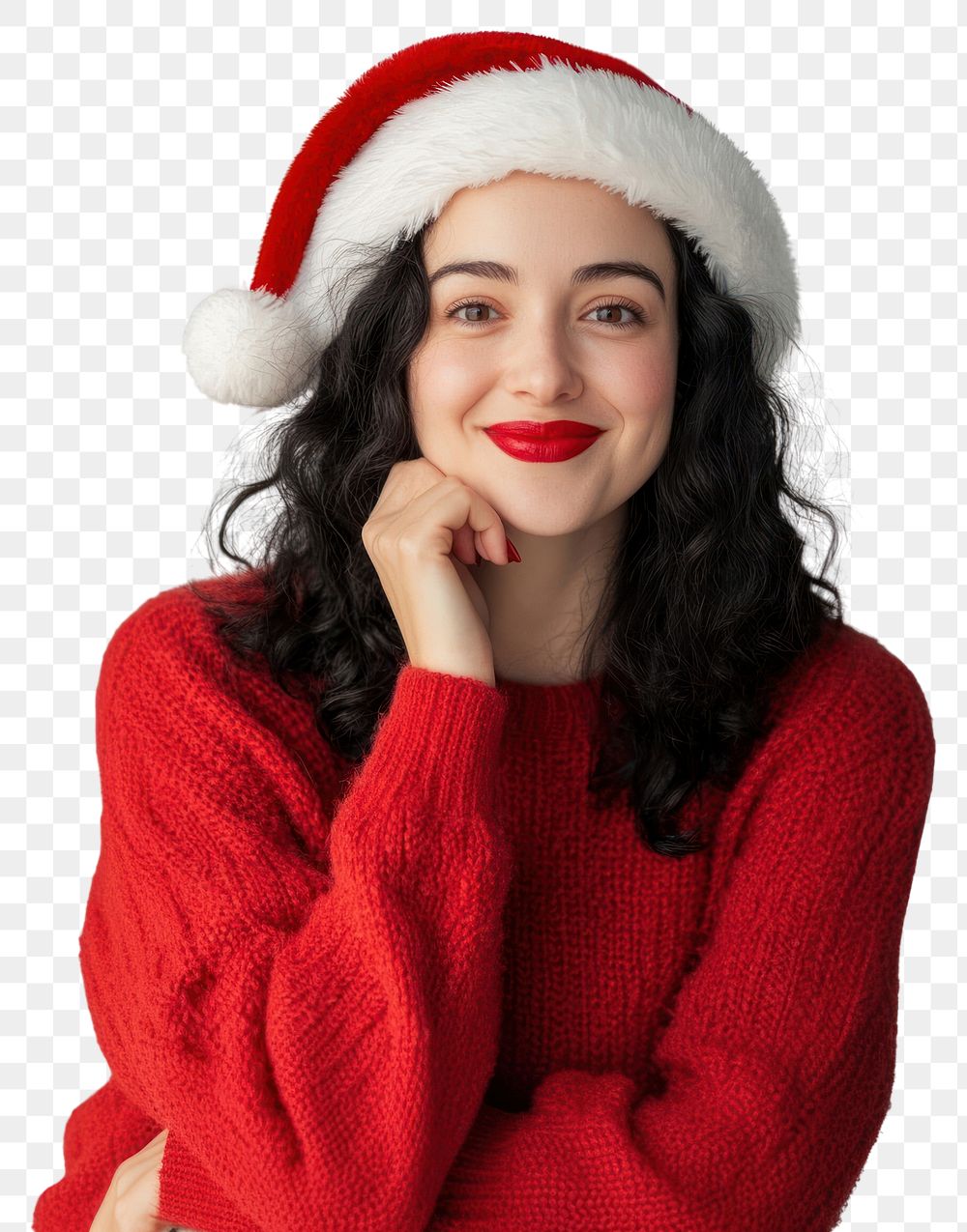 PNG Woman wearing Christmas-themed and a Santa hat sweater happy expression.