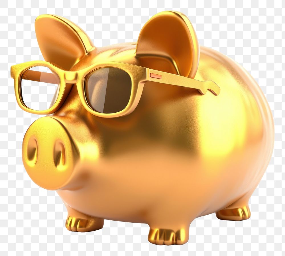 PNG Piggy bank in fun glasses gold white background representation.