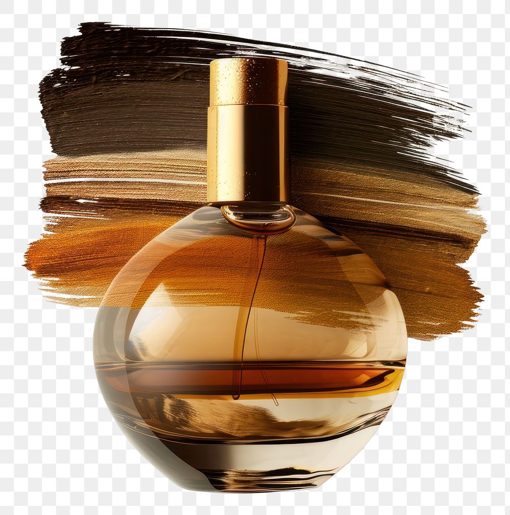 PNG A perfume bottle with a brown and gold brush stroke cosmetics lighting circle.