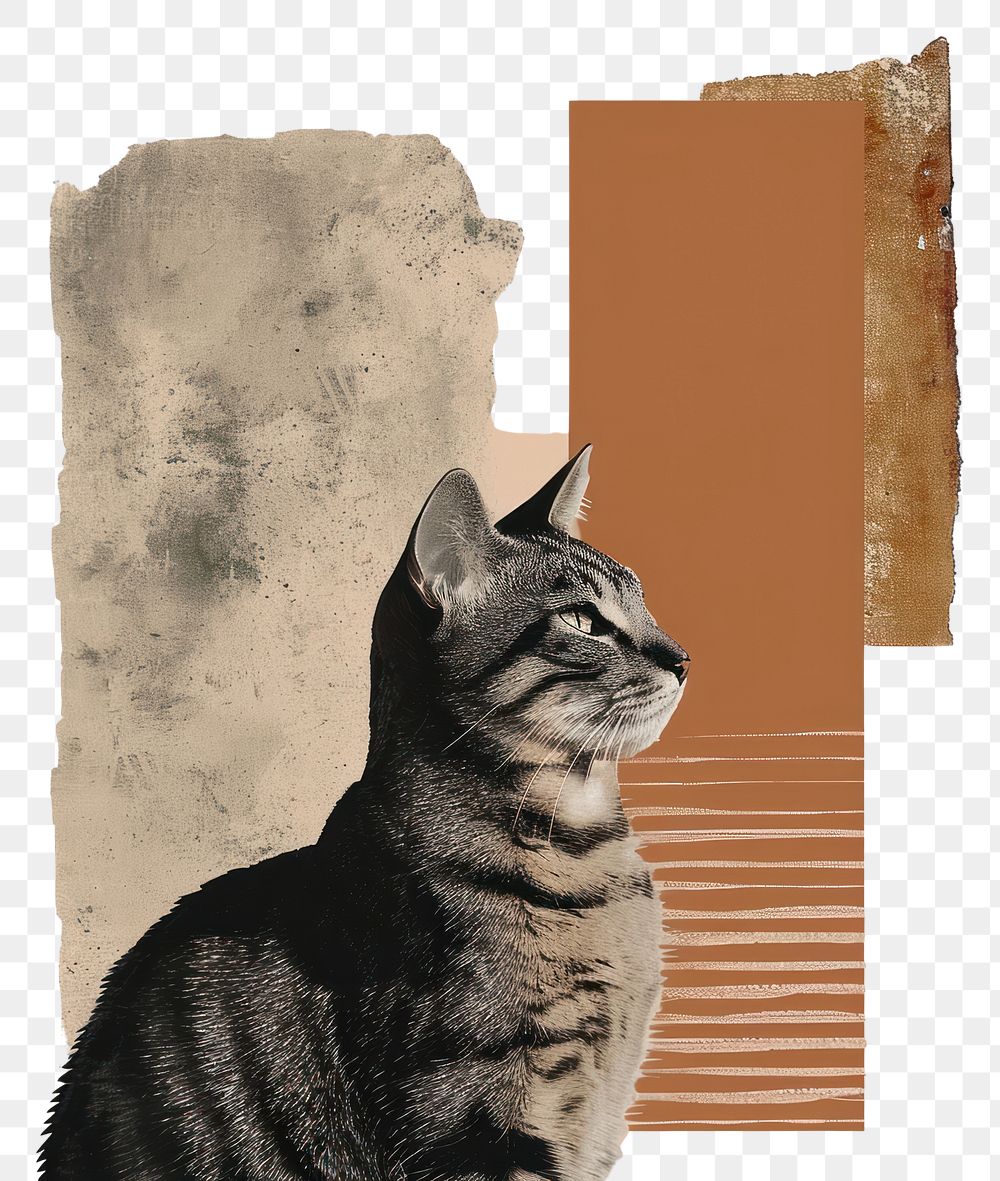PNG An exotic cat with a brown and brush stroke art collage animal.