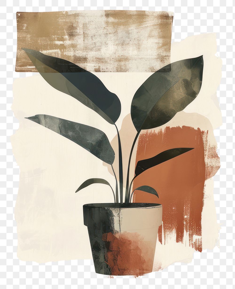 PNG Plant potted with a brown and brush stroke art painting leaf.