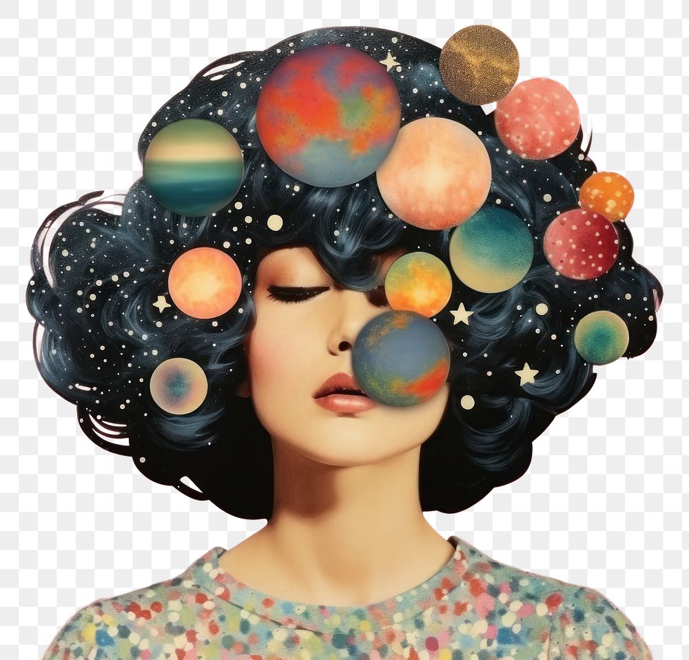 PNG  Collage Retro dreamy Wig art adult space.