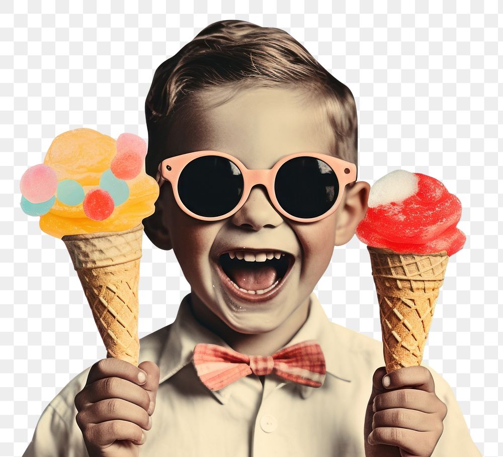 PNG Collage Retro dreamy a boy Happy face dessert holding cream.