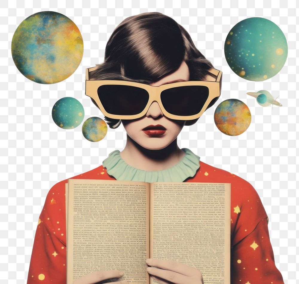 PNG Collage Retro dreamy Book reading book publication sunglasses.