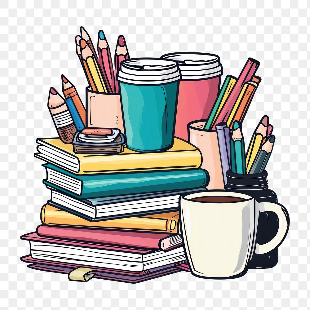 PNG Coffee cups and books in line sketch pencil publication cartoon.
