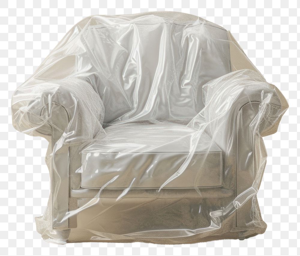 PNG  Plastic wrapping over armchair furniture recliner crumpled.
