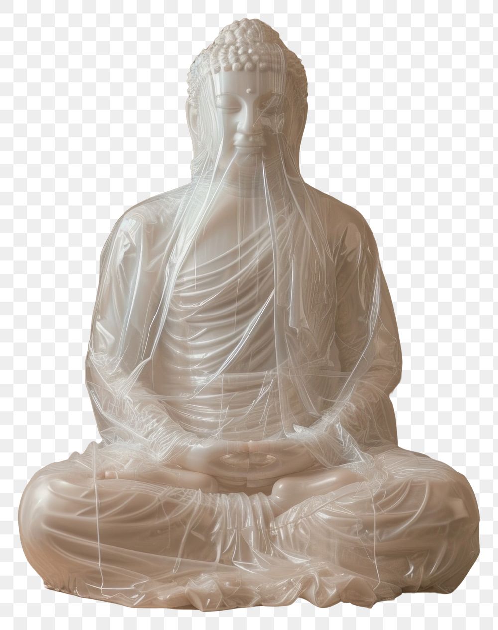 PNG  Plastic wrapping over buddha statue white art representation.