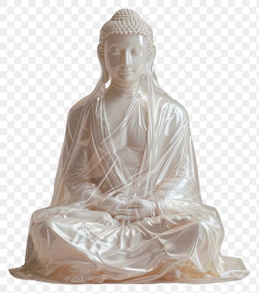 PNG  Plastic wrapping over buddha statue adult white art.