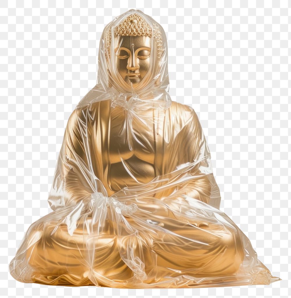 PNG  Plastic wrapping over gold buddha statue representation spirituality sculpture.
