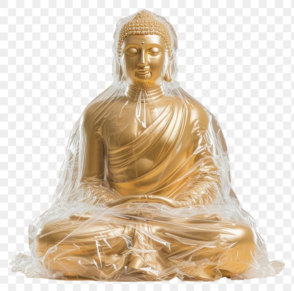PNG  Plastic wrapping over gold buddha statue art representation spirituality.