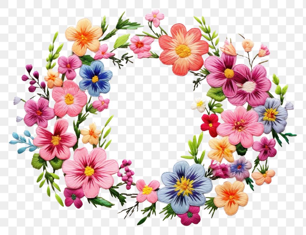 PNG  Floral wreath in embroidery style pattern flower plant.