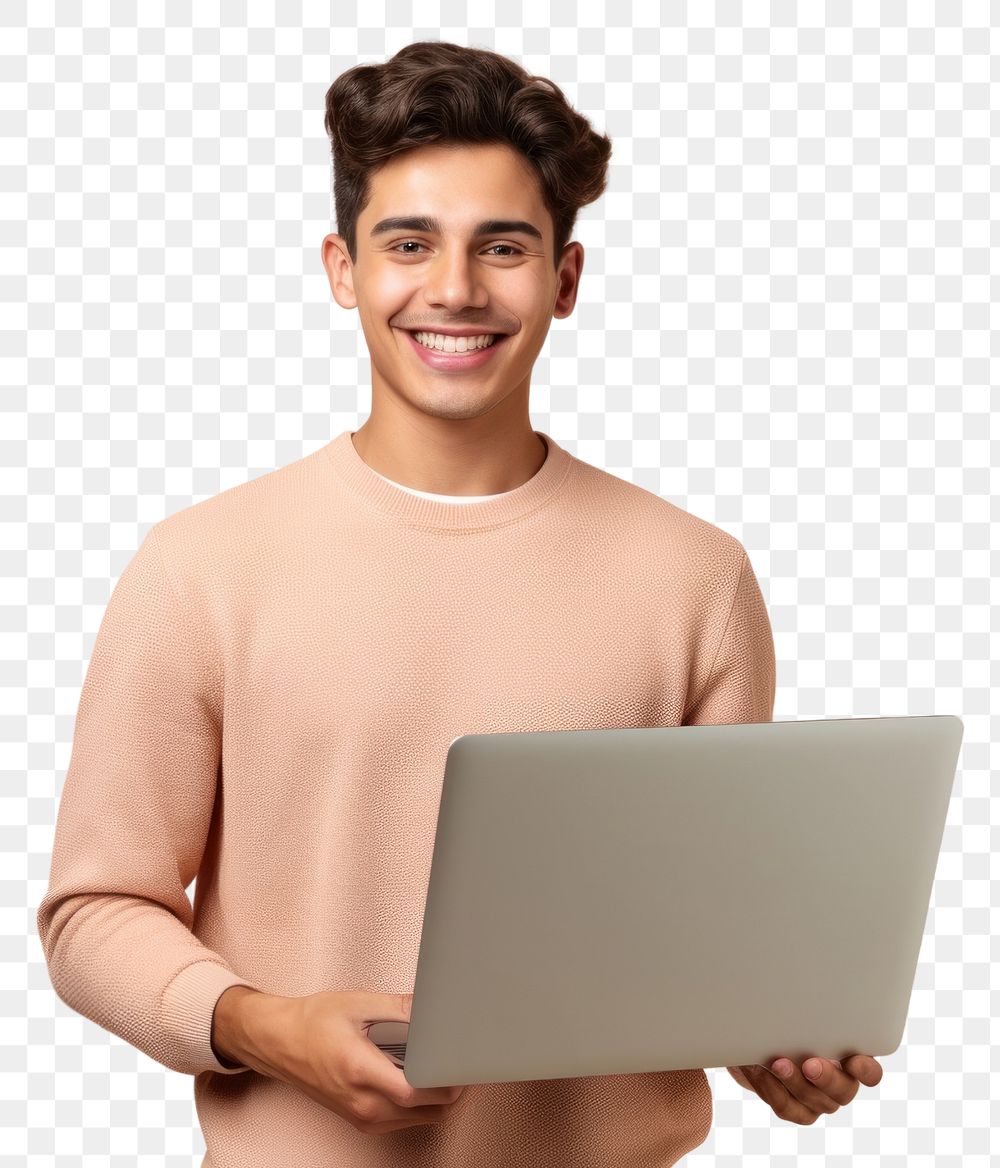 PNG American teenager student holding laptop using computer technology presenting elearning portrait smiling happy
