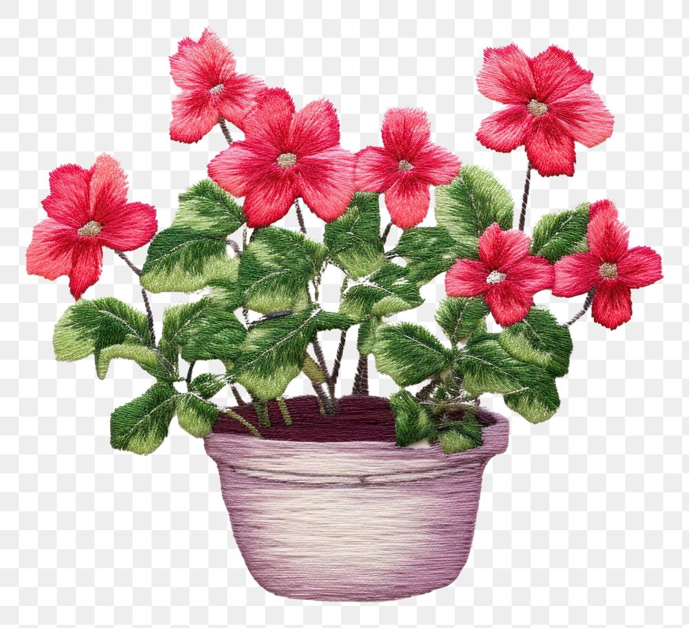 PNG  Potted plant in embroidery style hibiscus flower petal.