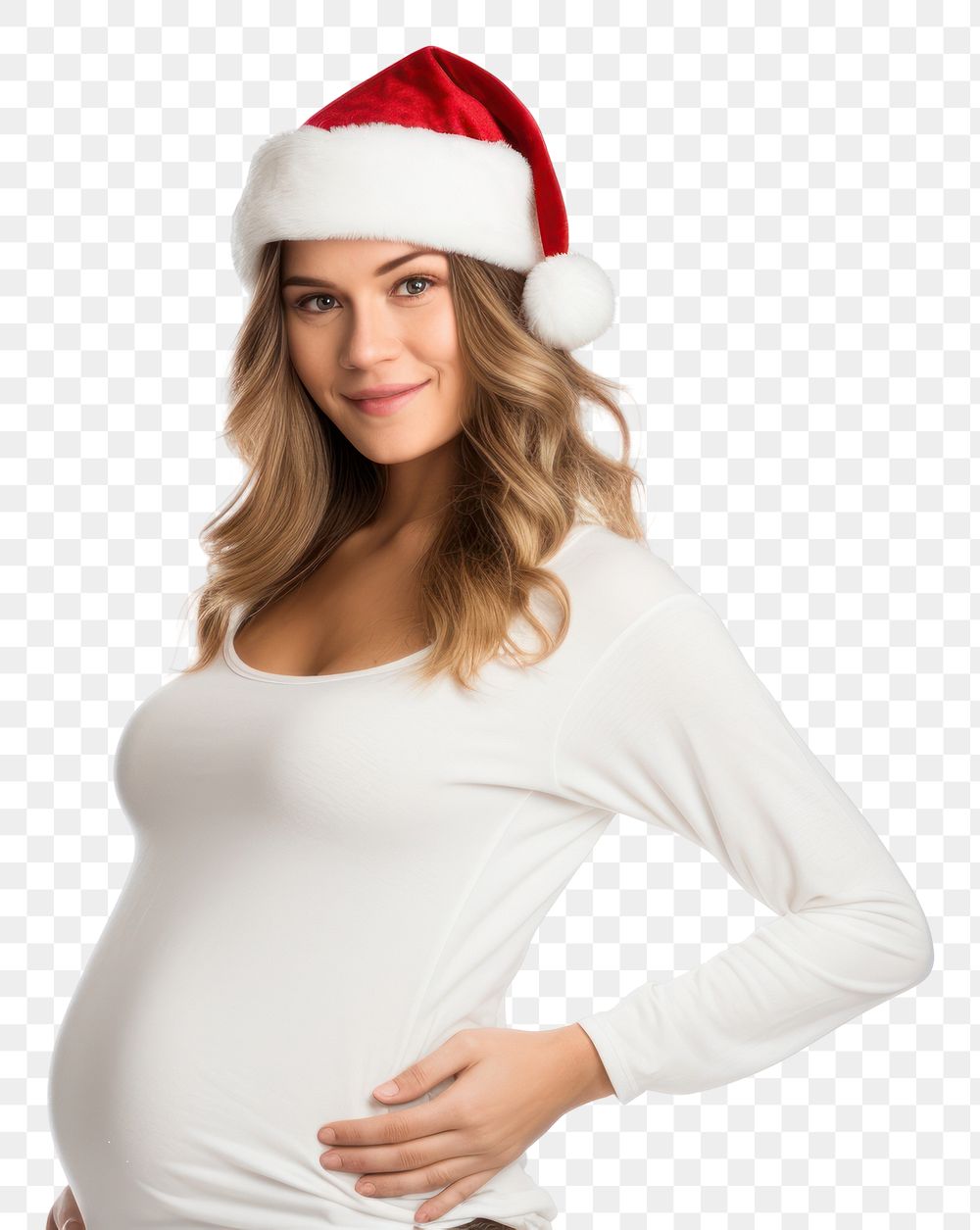 PNG  Pregnant woman in white sweater photography christmas portrait.
