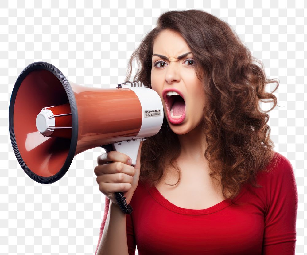 PNG An attractive young woman using a megaphone shouting white background aggression. AI generated Image by rawpixel.