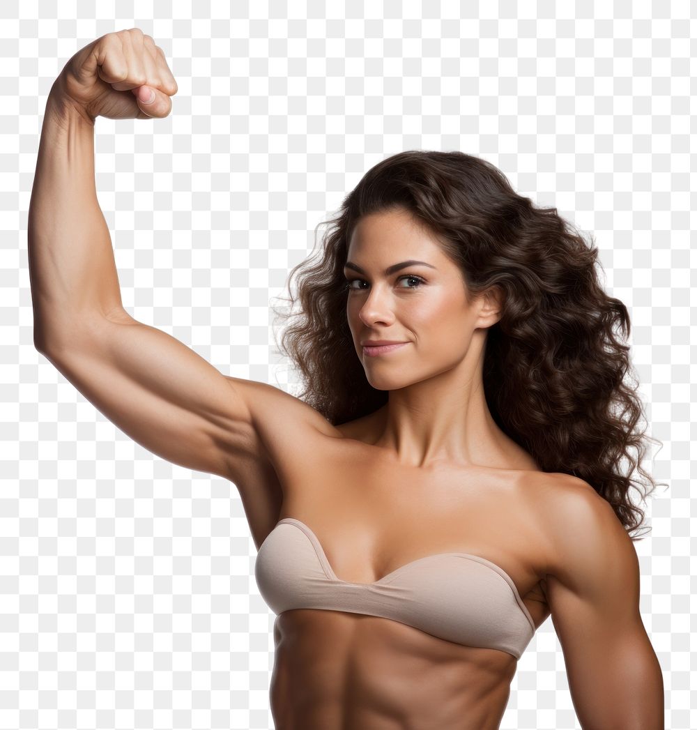 PNG  Woman flexing arm adult white background determination. AI generated Image by rawpixel.