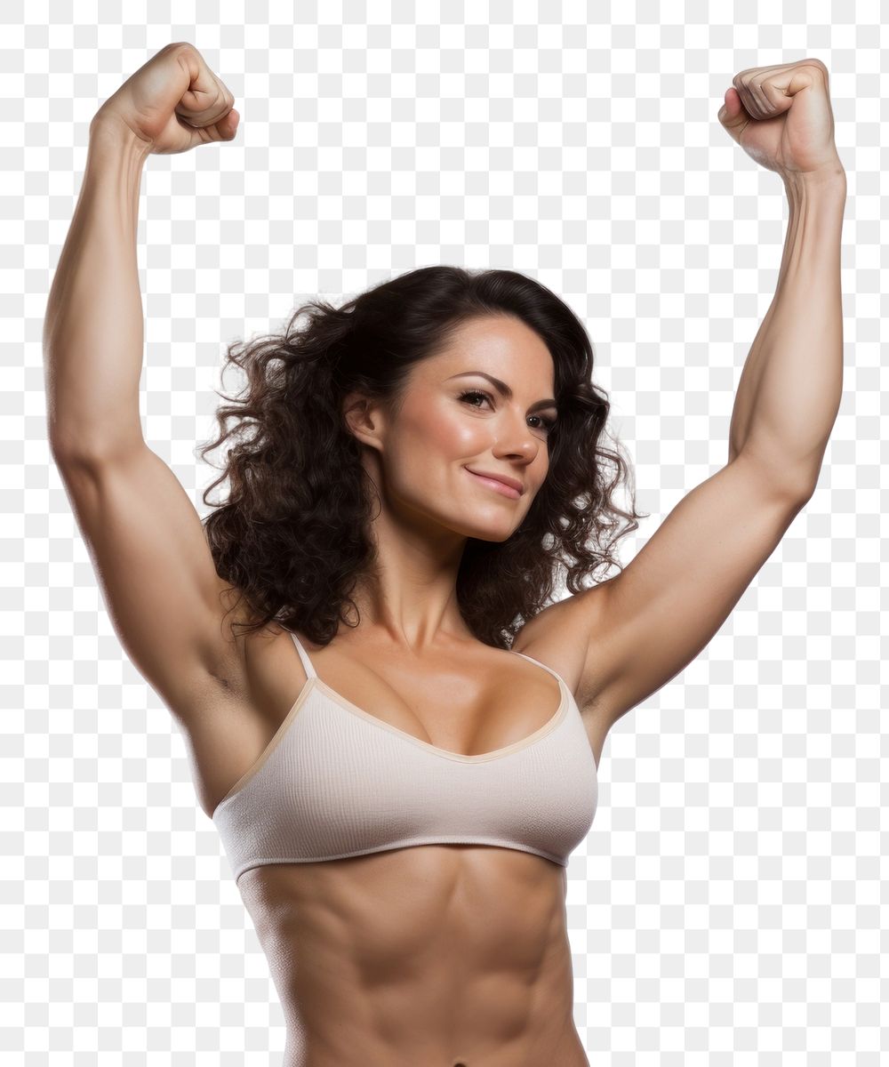 PNG  Woman flexing arm adult white background determination. AI generated Image by rawpixel.