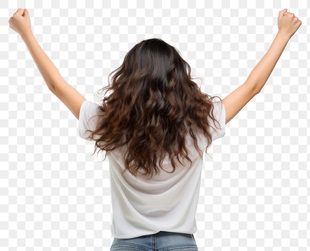 PNG Young asian woman cheering open arms back white background excitement. 