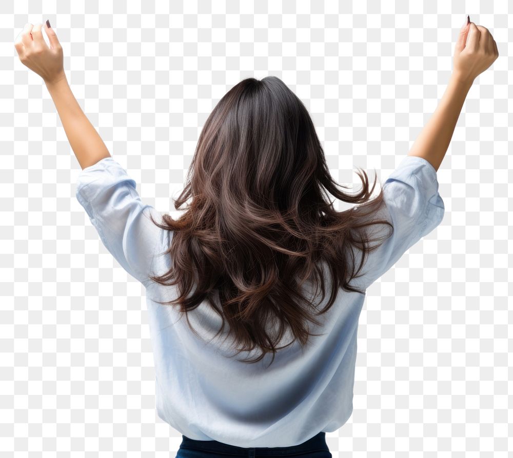 PNG Young asian woman cheering open arms adult back white background. AI generated Image by rawpixel.