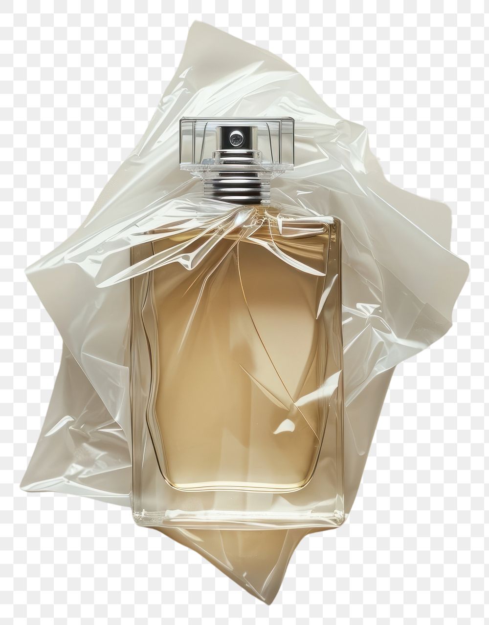PNG  Plastic wrapping over a perfume bottle container cosmetics lighting.