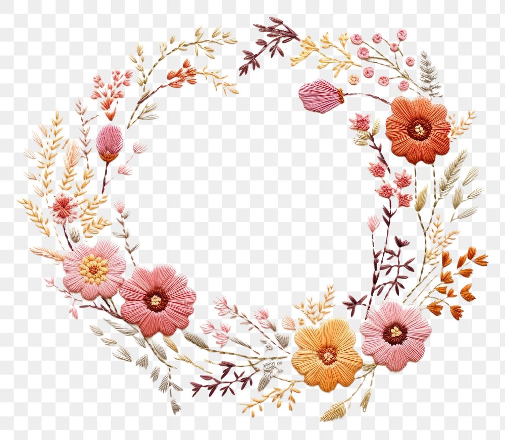 PNG Embroidery of floral wreath pattern stitch art.