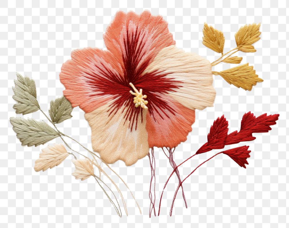 PNG Embroidery of hibiscus flower plant leaf.