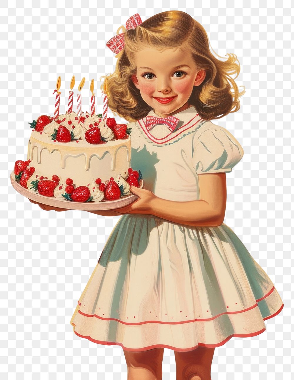 PNG Vintage illustration a little girl cake birthday portrait.