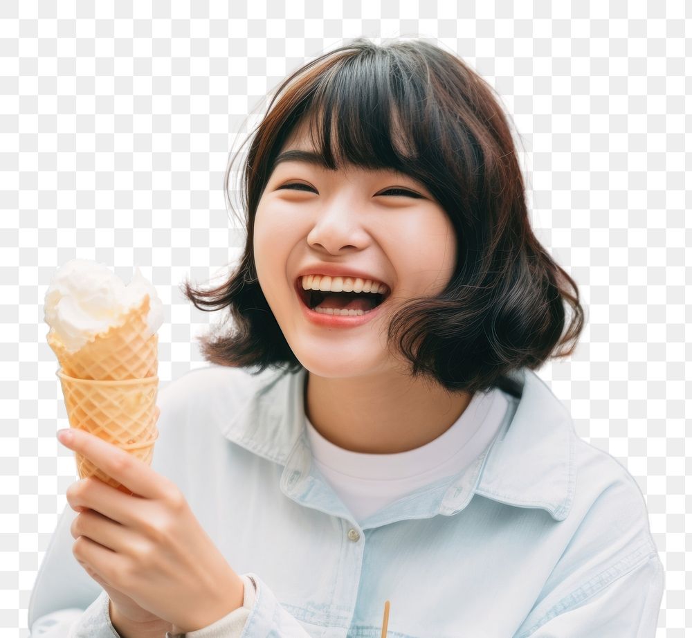 PNG Japanese woman travel food laughing outdoors. 