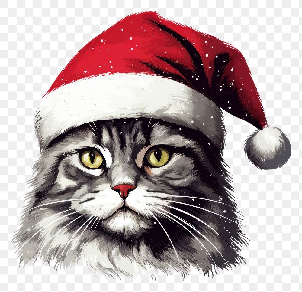 PNG  Cat wearing christmas hat portrait drawing mammal. AI generated Image by rawpixel.