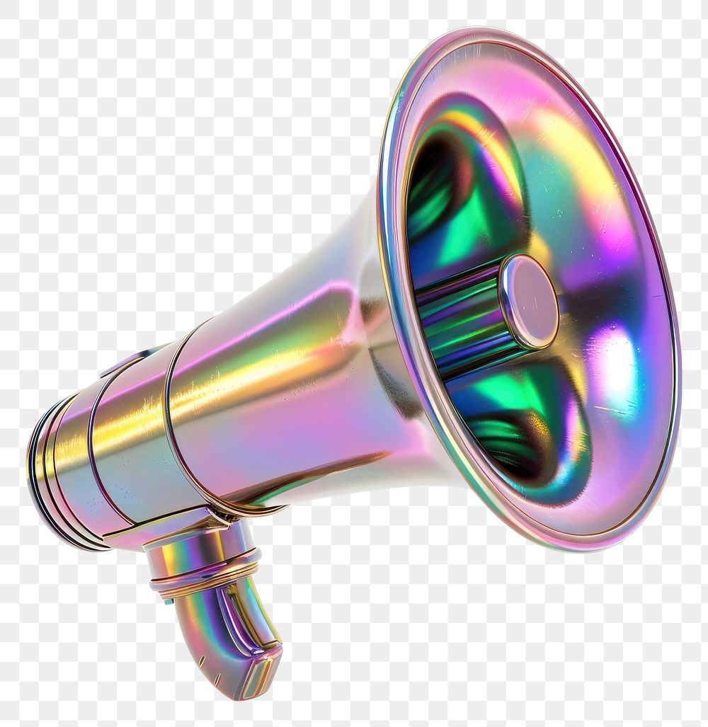 PNG  Megaphone icon iridescent metal white background electronics.