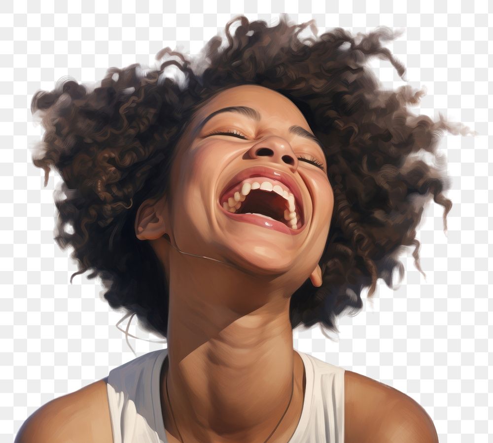 PNG  Portrait of real african american woman laughing in studio adult white background accessories.
