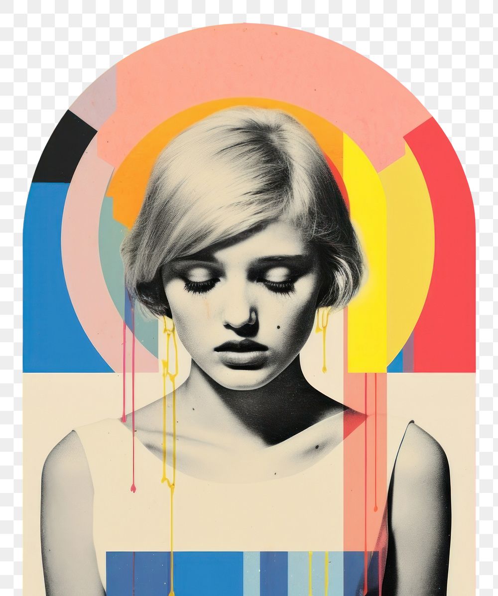 PNG  Collage Retro dreamy girl crying art portrait painting.