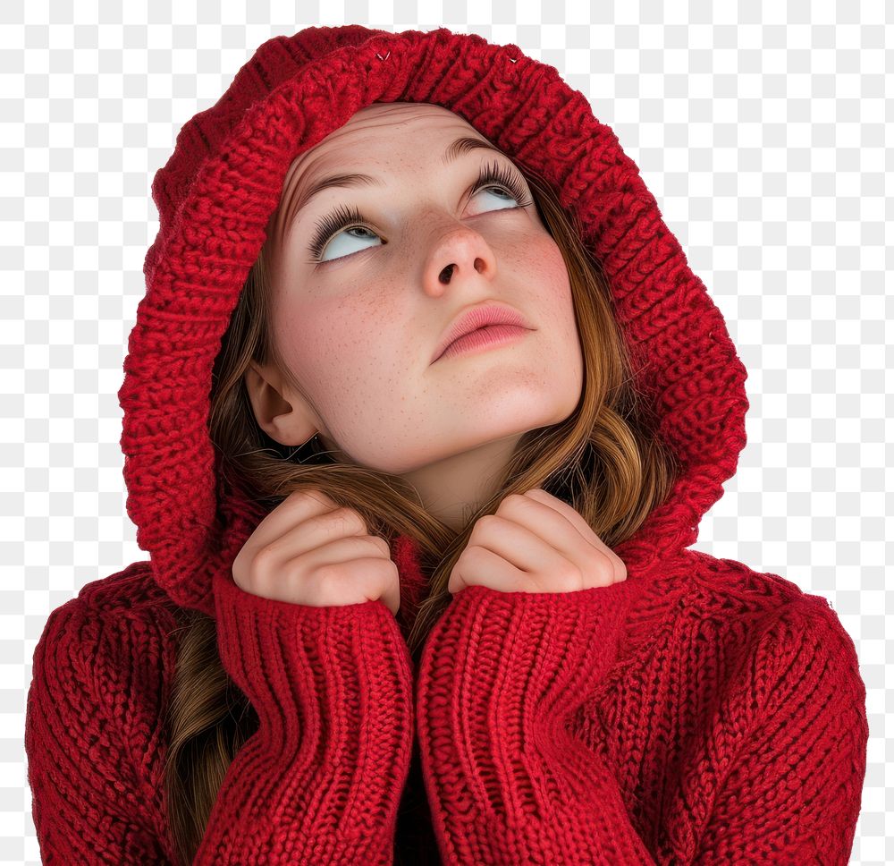 PNG White girl thinking sweater hood sweatshirt.