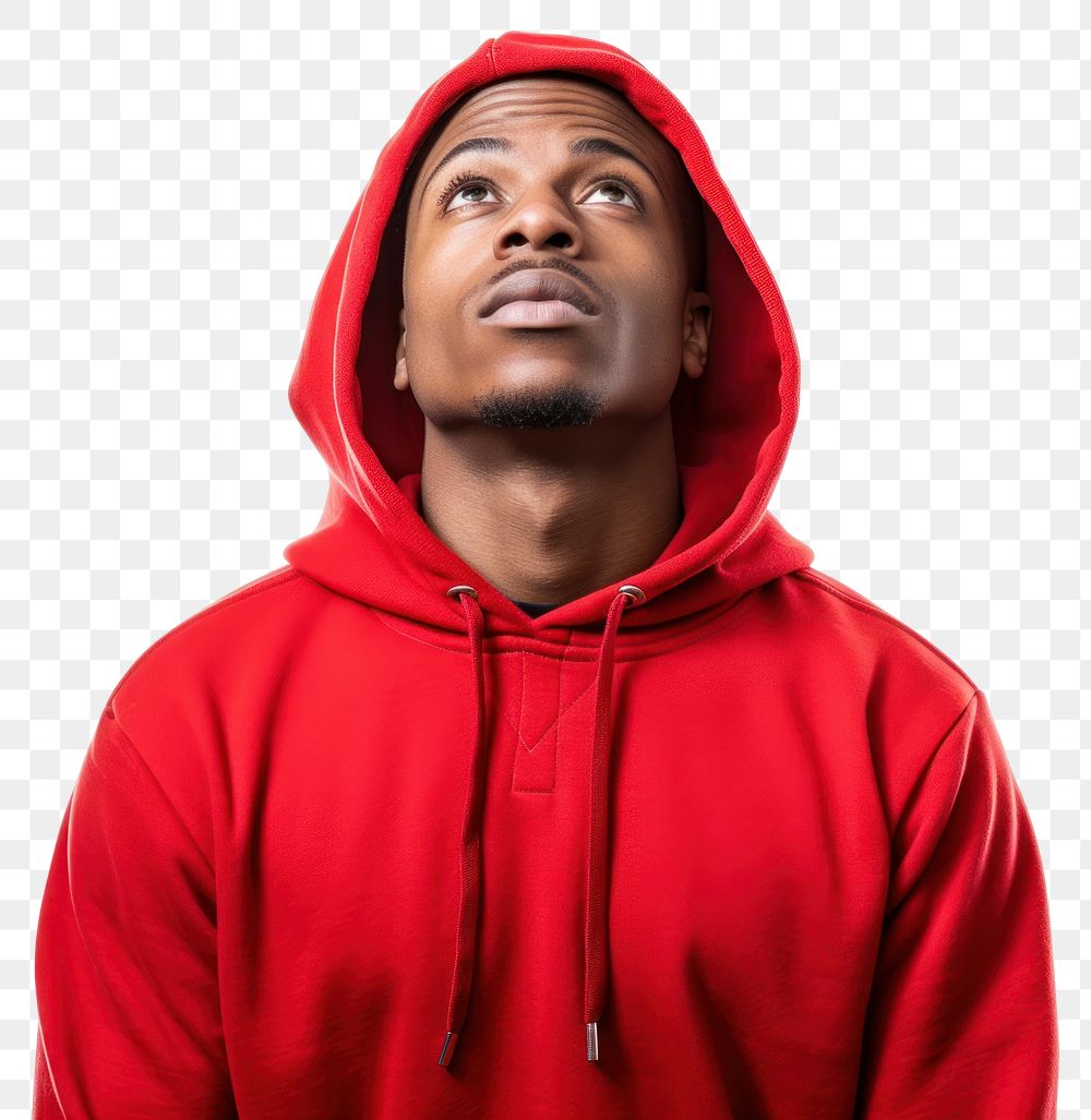 PNG African american man thinking hood sweatshirt portrait.