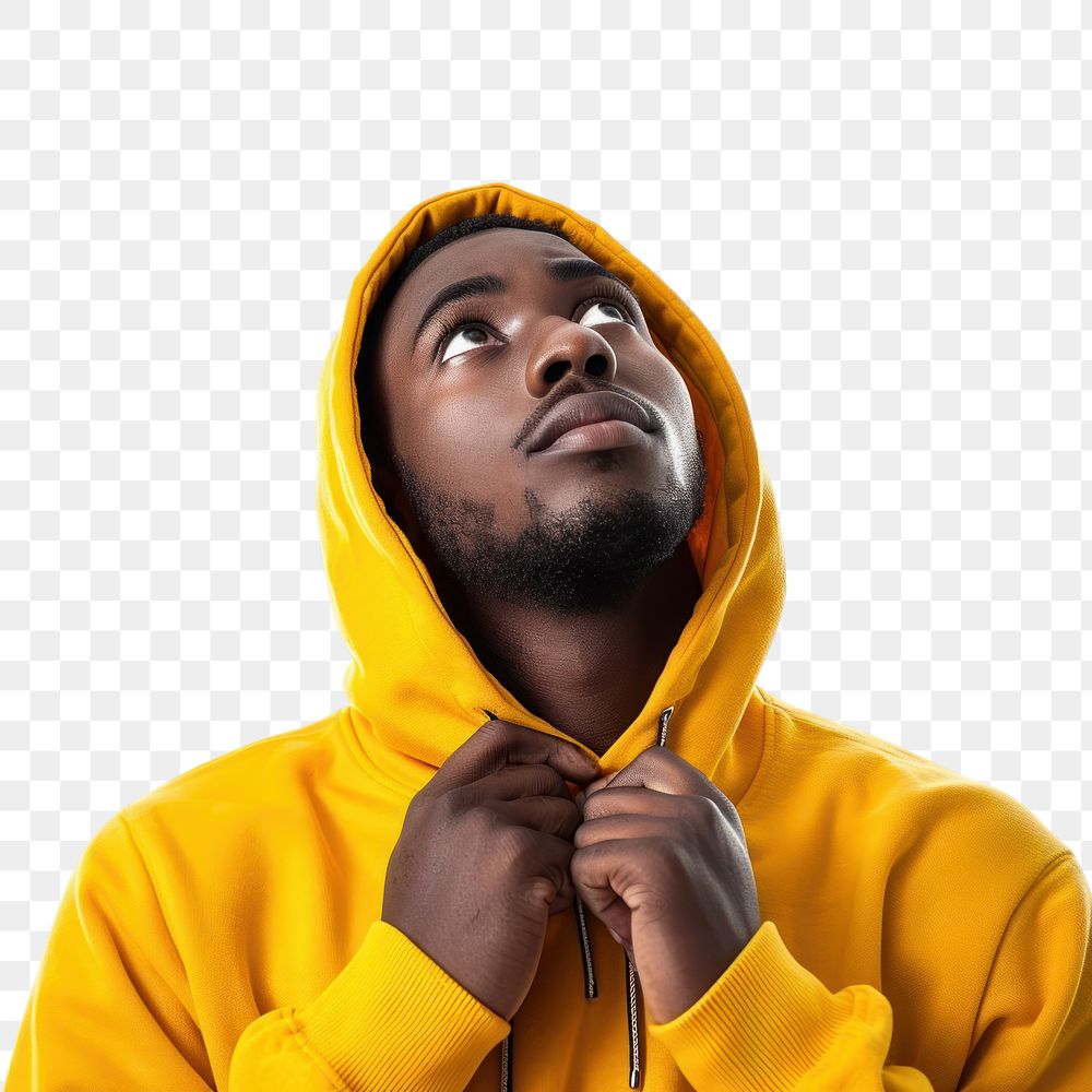 PNG African american man thinking hood sweatshirt portrait.