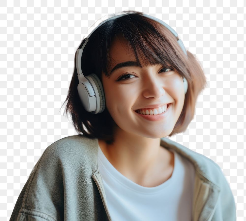 PNG Japanese woman smiling at home in headphones technology headset adult. AI generated Image by rawpixel.