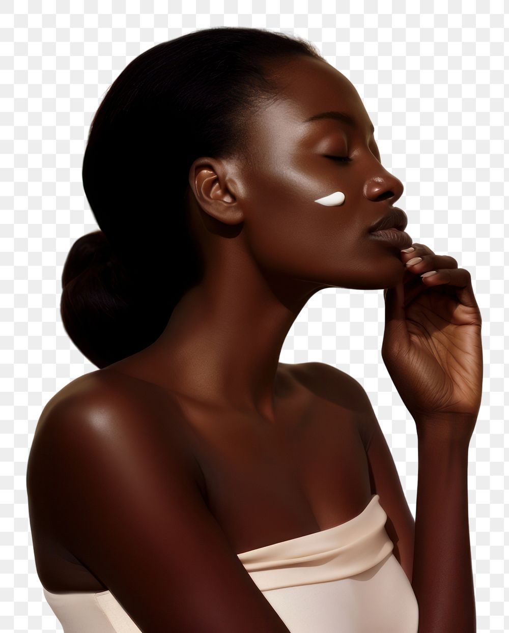 PNG A black woman left hand apply a little bit of cream on her skin photography portrait fashion.