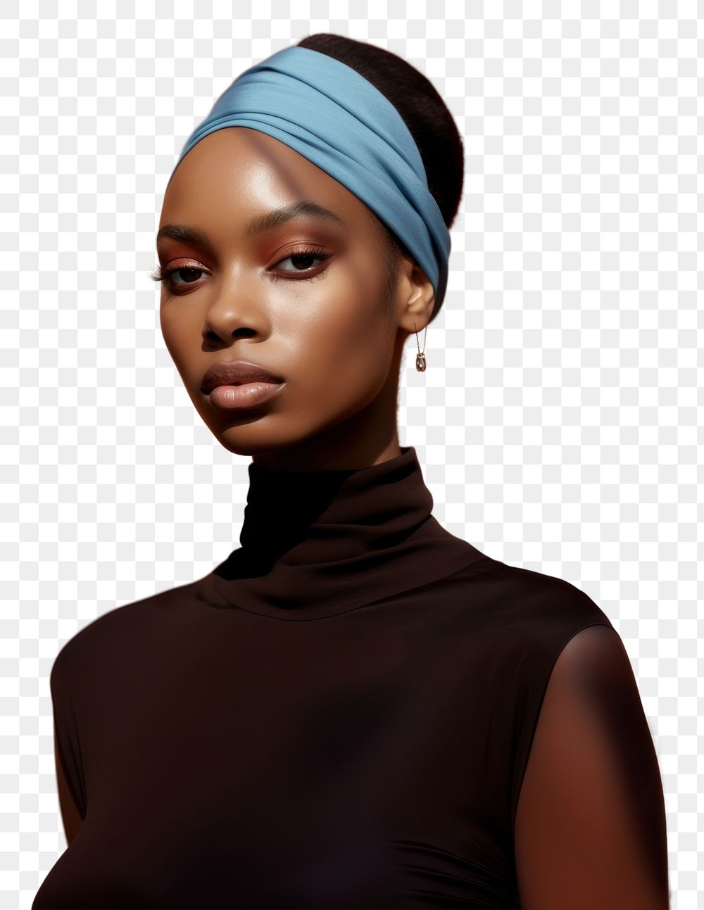 PNG A black woman wearing blue eyeliner with brown headband photography portrait fashion.
