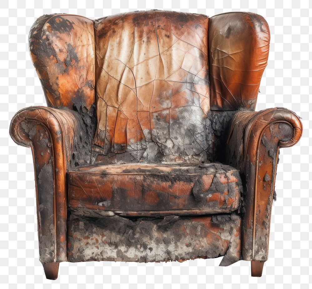 PNG  Armchair with burnt furniture white background deterioration.