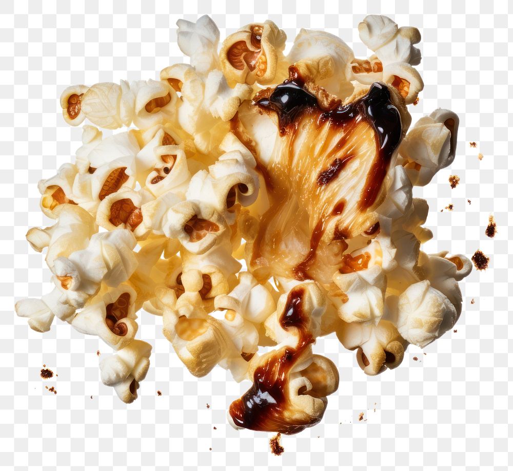 PNG  Popcorn with burnt dessert food white background.