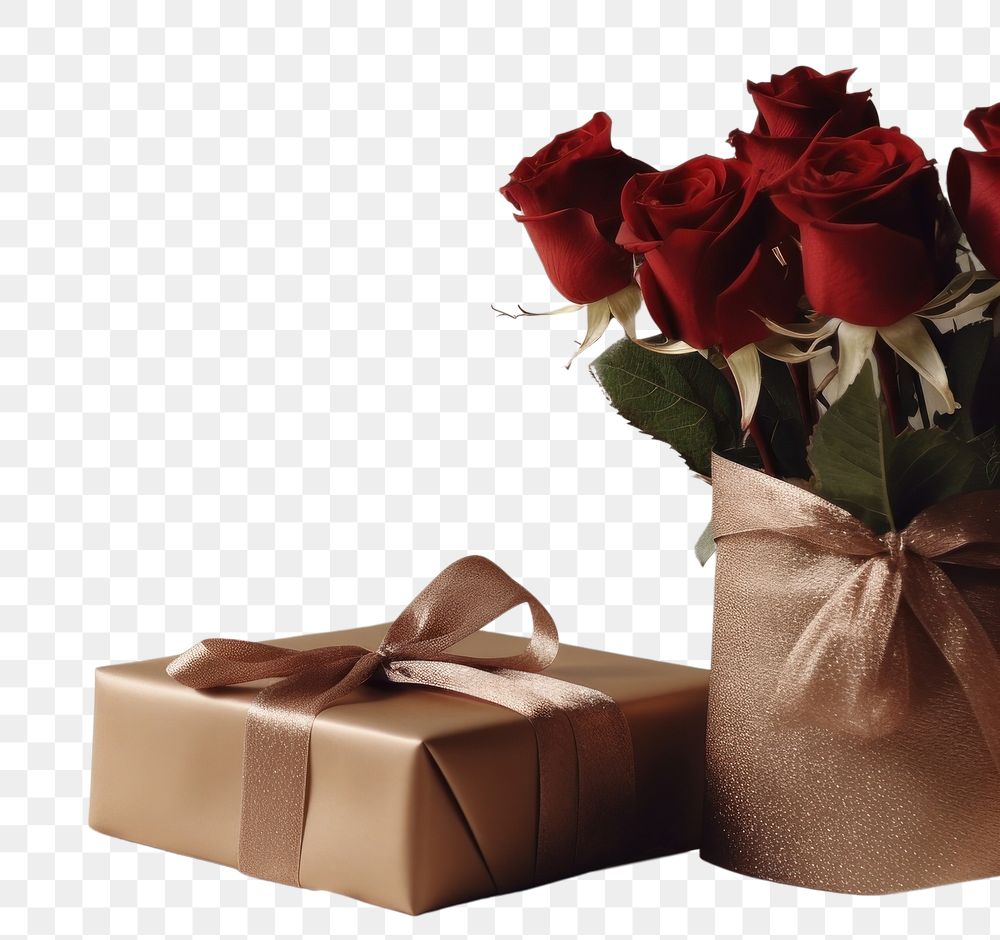 PNG Chocolate gift box and roses for valentine day flower plant centrepiece. AI generated Image by rawpixel.