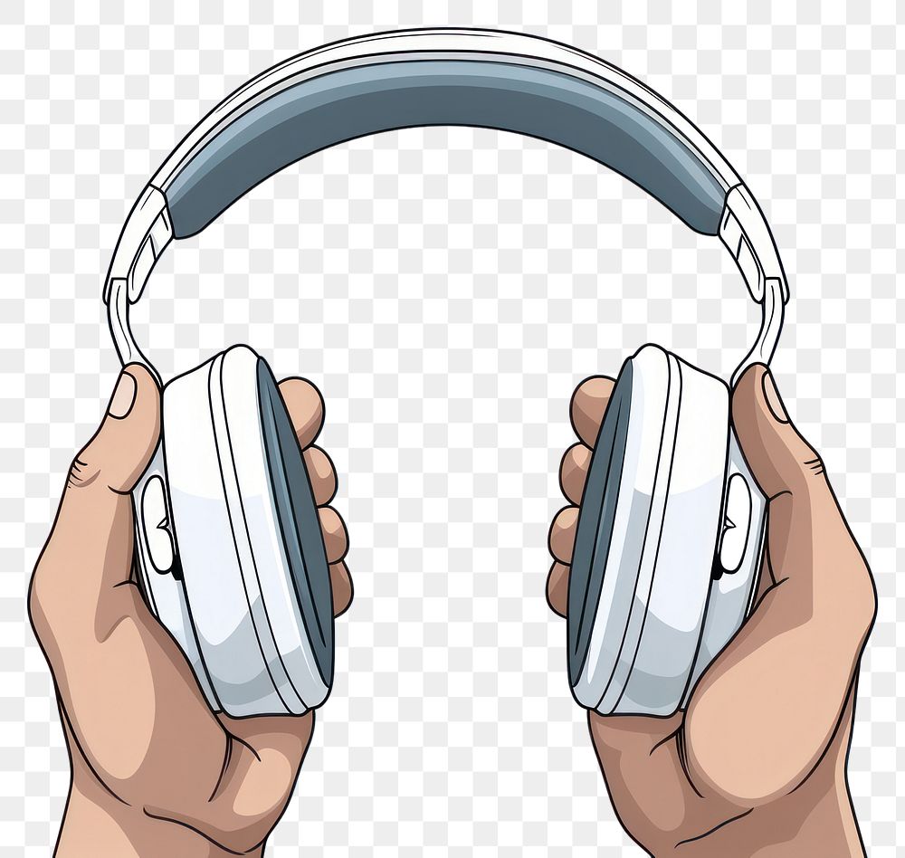 PNG Human hand holding Headphones headphones headset cartoon.